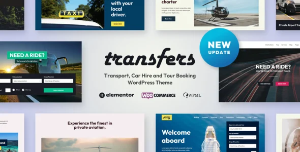 Transfers - Transport and Car Hire WordPress Theme WordPress theme homepage layout for a booking travel website