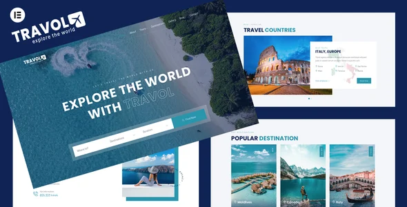 TRAVOL — Travel Agency Elementor WordPress Theme WordPress theme homepage layout for a accommodations travel website