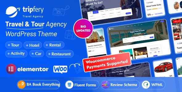 Tripfery - Travel & Tour Booking WordPress Theme WordPress theme homepage layout for a car rental travel website