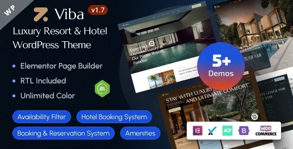 Viba - Luxury Resort & Hotel Elementor WordPress Theme WordPress theme homepage layout for a accommodations travel website