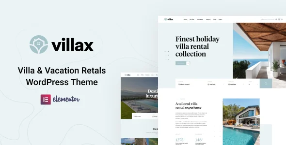 Villax - Villa & Vacation Rentals WordPress Theme WordPress theme homepage layout for a accommodation travel website