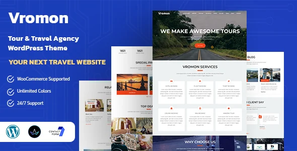 Vromon - Tour & Travel Agency WordPress Theme WordPress theme homepage layout for a hotel travel website