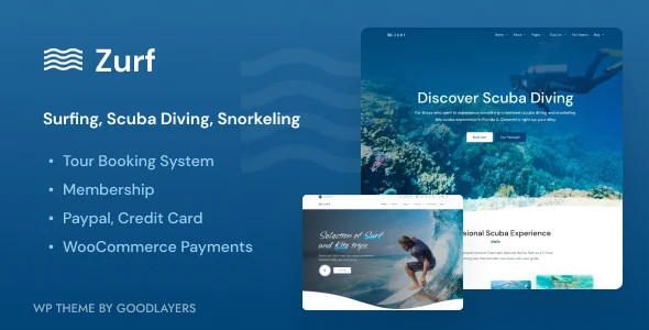 Zurf - Surfing and Diving WordPress WordPress theme homepage layout for a beach travel website