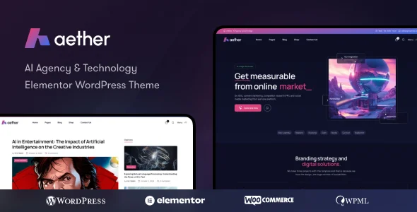 Aether - AI Agency & Technology WordPress Theme WordPress theme homepage layout for a ai & ml theme technology website