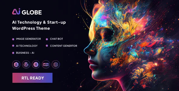 AI Globe - Artificial Intelligence Startup & Technology WordPress Theme WordPress theme homepage layout for a ai technology website