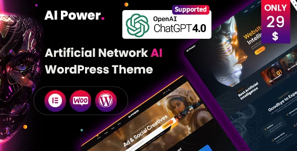 AI Power - AI WordPress Theme WordPress theme homepage layout for a ai art technology website