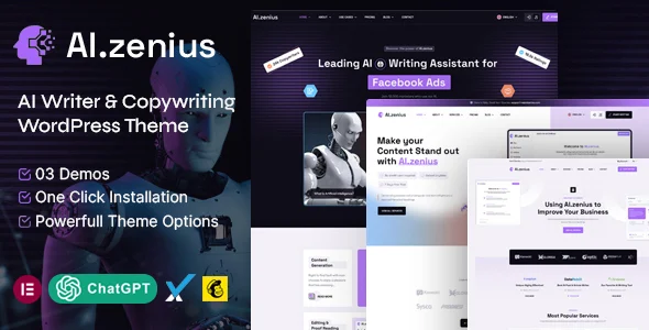 Ai Zenius - AI Writer & Copywriting WordPress Theme WordPress theme homepage layout for a ai art technology website