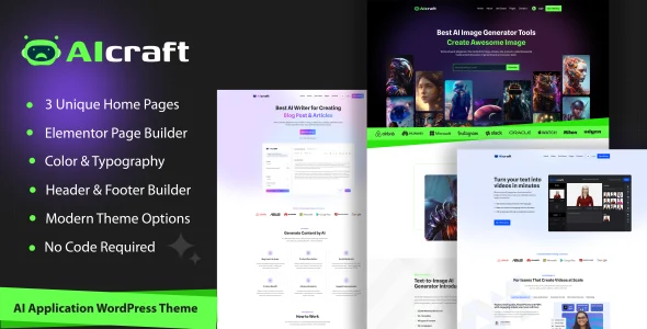 AIcraft - AI Application & Generator WordPress Theme WordPress theme homepage layout for a ai technology website