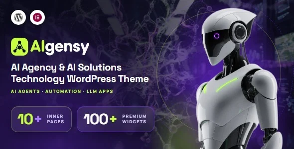 Aigensy - AI Agency & Technology WordPress Theme WordPress theme homepage layout for a ai agency technology website