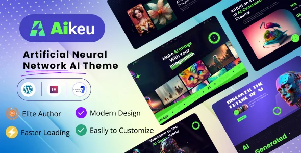 Aikeu - Artificial Neural Network AI WordPress Theme WordPress theme homepage layout for a ai art technology website