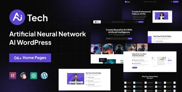 AItech - Artificial Neural Network AI WordPress Theme WordPress theme homepage layout for a ai art technology website