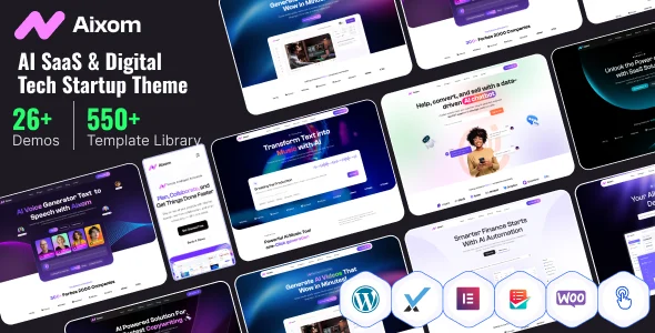 Aixom – AI SaaS, Software, and Digital Tech Startup WordPress Theme WordPress theme homepage layout for a agency technology website