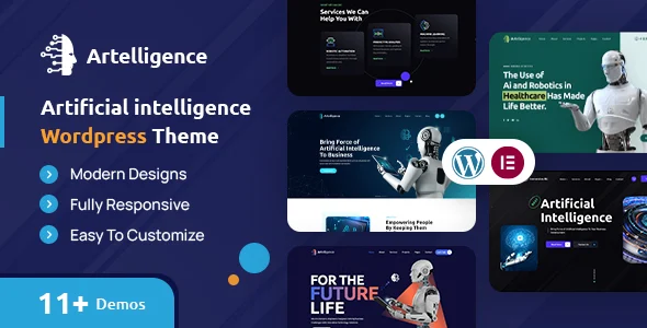 Artelligence | AI & Robotics WordPress Theme WordPress theme homepage layout for a agency technology website