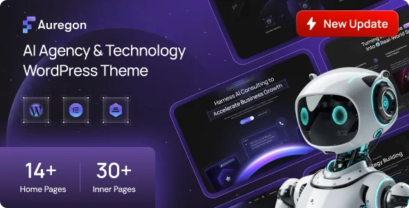 Auregon - AI Agency & Technology WordPress Theme WordPress theme homepage layout for a ai technology website