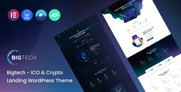 Bigtech - ICO & Crypto Landing WordPress Theme WordPress theme homepage layout for a bitcoin landing technology website