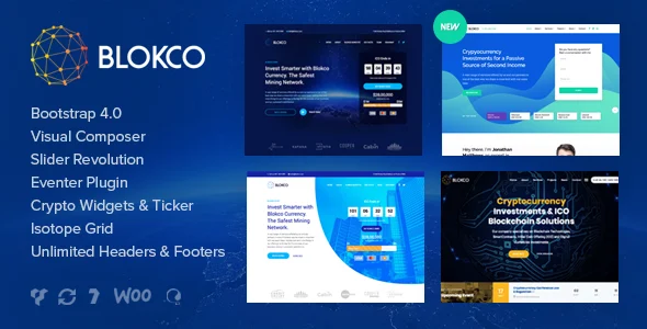 Blokco - Cryptocurrency WordPress Theme WordPress theme homepage layout for a bitcoin technology website