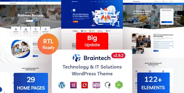 Braintech - Technology & IT Solutions WordPress Theme WordPress theme homepage layout for a agency technology website