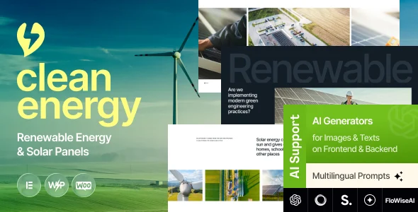 Clean Energy - Renewable Energy & Solar Panels WordPress Theme WordPress theme homepage layout for a alternative energy technology website