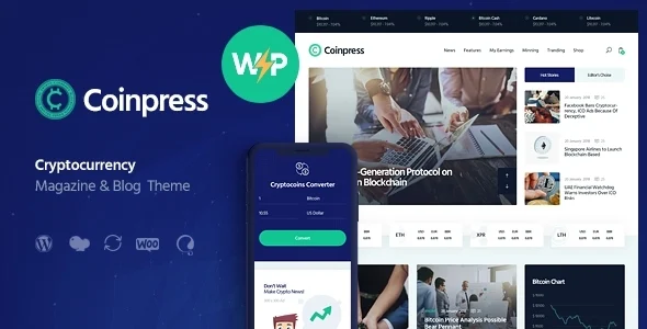 Coinpress | ICO Cryptocurrency Magazine & Blog WordPress Theme WordPress theme homepage layout for a bitcoin technology website