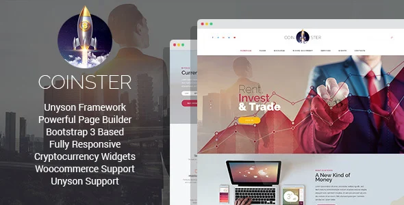 Coinster - Mining and Cryptocurrency Exchange WordPress Theme WordPress theme homepage layout for a bitcoin mining technology website