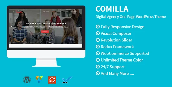 Comilla - Digital Agency One Page WordPress Theme WordPress theme homepage layout for a agency technology website