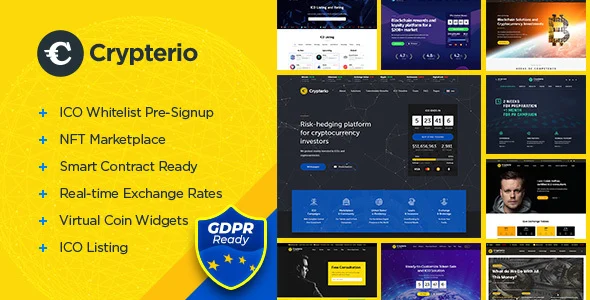 Crypterio - NFT and Crypto Landing Page WordPress Theme WordPress theme homepage layout for a bitcoin technology website