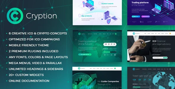 Cryption - ICO, Cryptocurrency & Blockchain WordPress Theme WordPress theme homepage layout for a bitcoin technology website