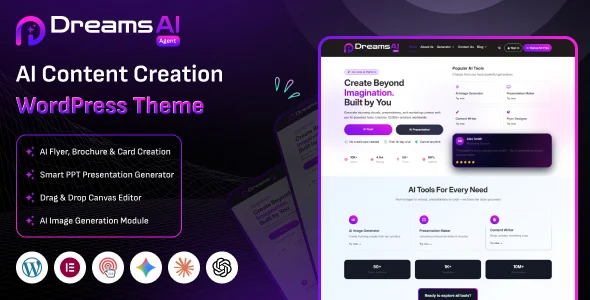 Dreams AI Agent - AI Content, Flyer, PPT, Social Poster Creation WordPress Theme WordPress theme homepage layout for a ai content technology website