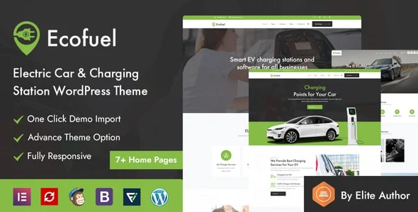 Ecofuel - Electric Car & Charging Station WordPress Theme WordPress theme homepage layout for a car evacuation technology website