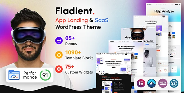 Fladient - App & SaaS WordPress Theme WordPress theme homepage layout for a app technology website