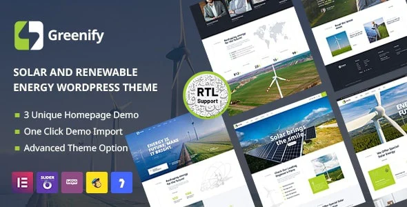 Greenify | Solar & Renewable Energy WordPress Theme WordPress theme homepage layout for a clean technology website