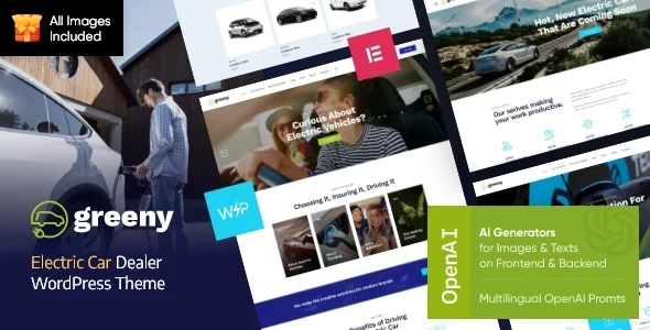 Greeny - Electric Car Dealership WordPress Theme WordPress theme homepage layout for a auto technology website