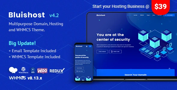 Bluishost - Responsive Cloud & Web Hosting Themes with WHMCS Integration WordPress theme homepage layout for a business hosting hosting company website