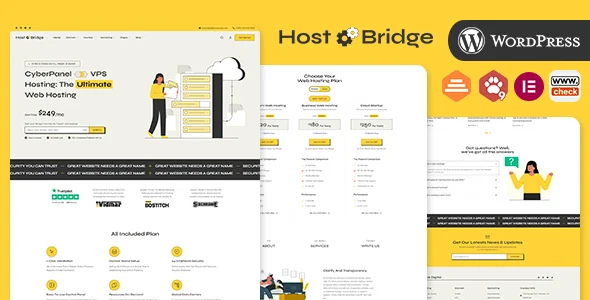 HostBridge - WHMCS Hosting & DevOps Agency WordPress Theme WordPress theme homepage layout for a agency hosting company website
