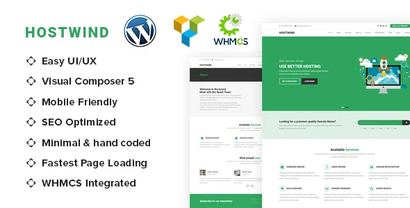 HostWind - Hosting WordPress theme with WHMCS WordPress theme homepage layout for a company hosting company website