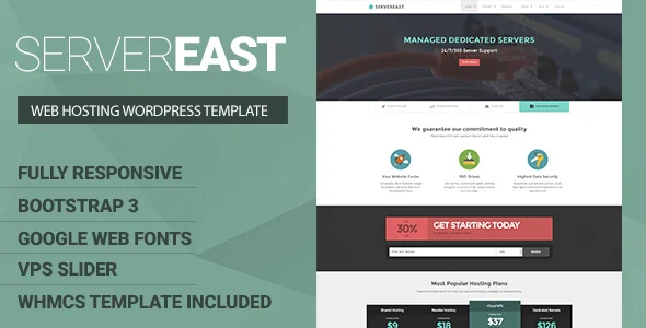 ServerEast - VPS Hosting Wordpress Theme WordPress theme homepage layout for a business hosting company website