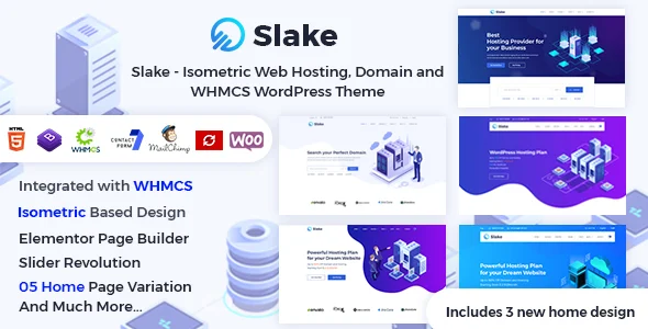 Slake - Isometric Web Hosting, Domain and WHMCS WordPress Theme WordPress theme homepage layout for a cloud hosting hosting company website