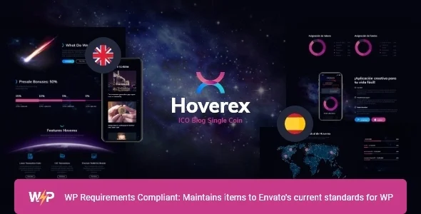 Hoverex | Cryptocurrency, NFT & ICO WordPress Theme + Spanish WordPress theme homepage layout for a bitcoin technology website