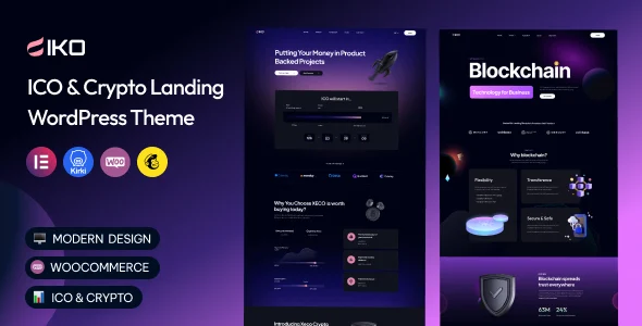 IKO - ICO & Crypto Landing WordPress Theme WordPress theme homepage layout for a bitcoin landing technology website