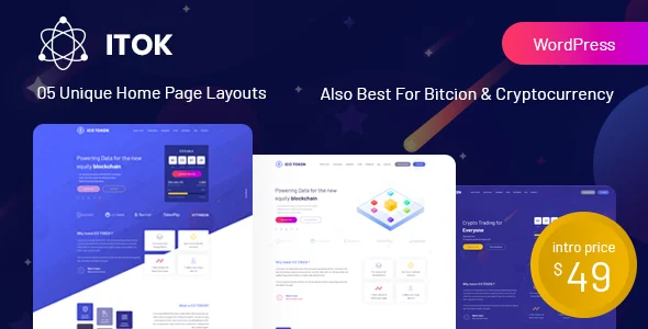 ITok - ICO and Cryptocurrency WordPress Theme WordPress theme homepage layout for a bitcoin technology website