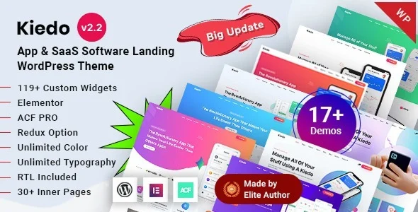 Kiedo - App & SaaS Software Landing Elementor WordPress Theme WordPress theme homepage layout for a app technology website