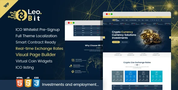 Leobit - Crypto Currency WordPress Theme WordPress theme homepage layout for a bitcoin technology website