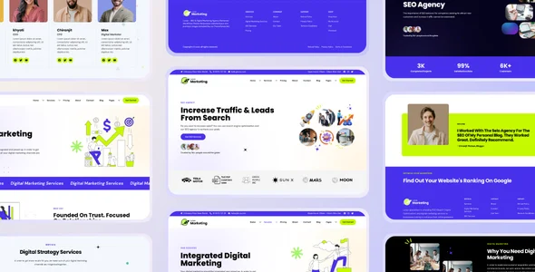 Lunax - Digital Marketing Agency & SEO WordPress Theme WordPress theme homepage layout for a agency technology website