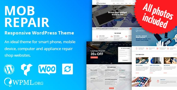 MobRepair - Mobile Phone Repair Services WordPress Theme WordPress theme homepage layout for a appliance repair technology website