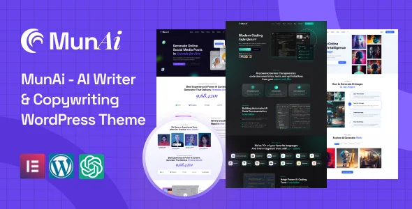 MunAi - AI Writer & Copywriting WordPress Theme WordPress theme homepage layout for a ai technology website