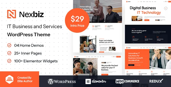 Nexbiz - IT Business and Services WordPress Theme WordPress theme homepage layout for a business technology website