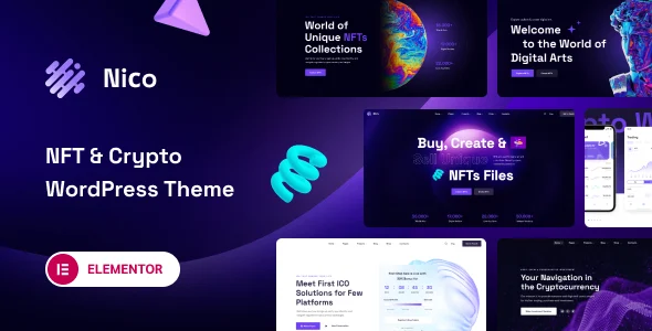 Nico - Creative & NFT-affiliate WordPress Theme WordPress theme homepage layout for a affiliate technology website