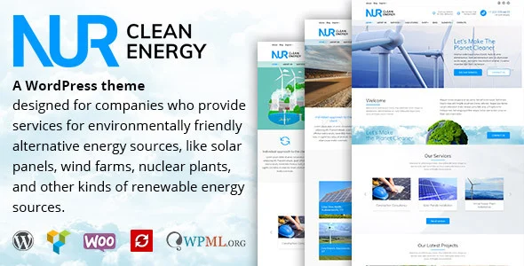 Nur - Alternative & Renewable Energy WordPress Theme WordPress theme homepage layout for a alternative energy technology website