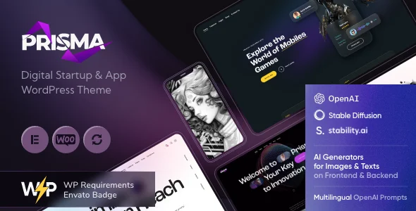 Prisma - Digital Startup & App WordPress Theme + AI & Shop WordPress theme homepage layout for a agency technology website