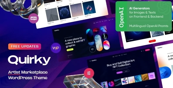 Quirky - NFT, Token & Artist Marketplace WordPress Theme WordPress theme homepage layout for a bitcoin technology website